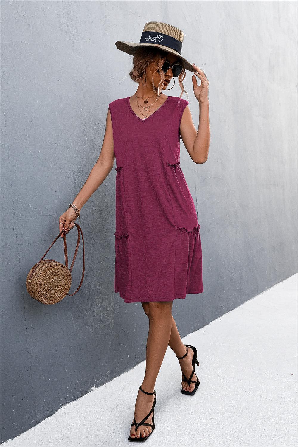 V-Neck Frill Trim Sleeveless Dress - ClubOn