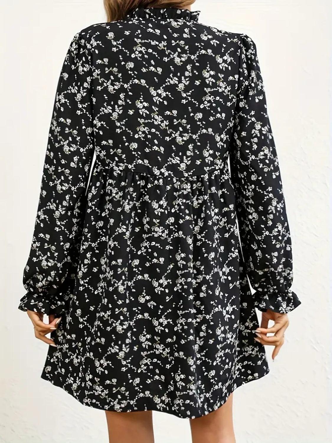 Ditsy Floral Notched Flounce Sleeve Dress - ClubOn