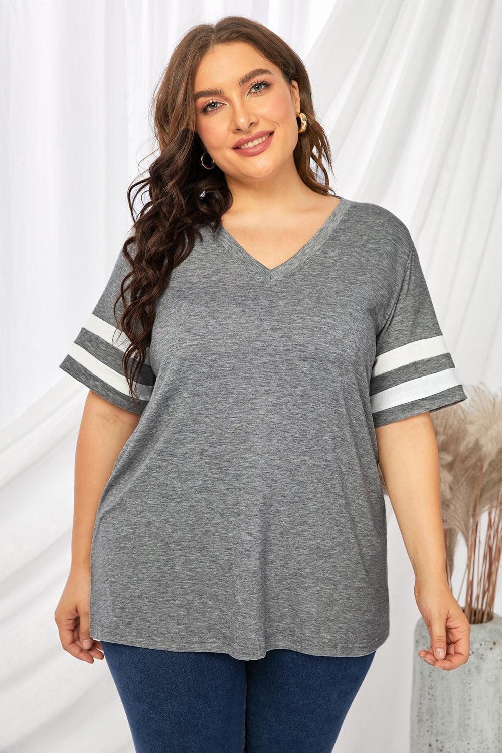 Plus Size Striped V-Neck Tee Shirt - ClubOn