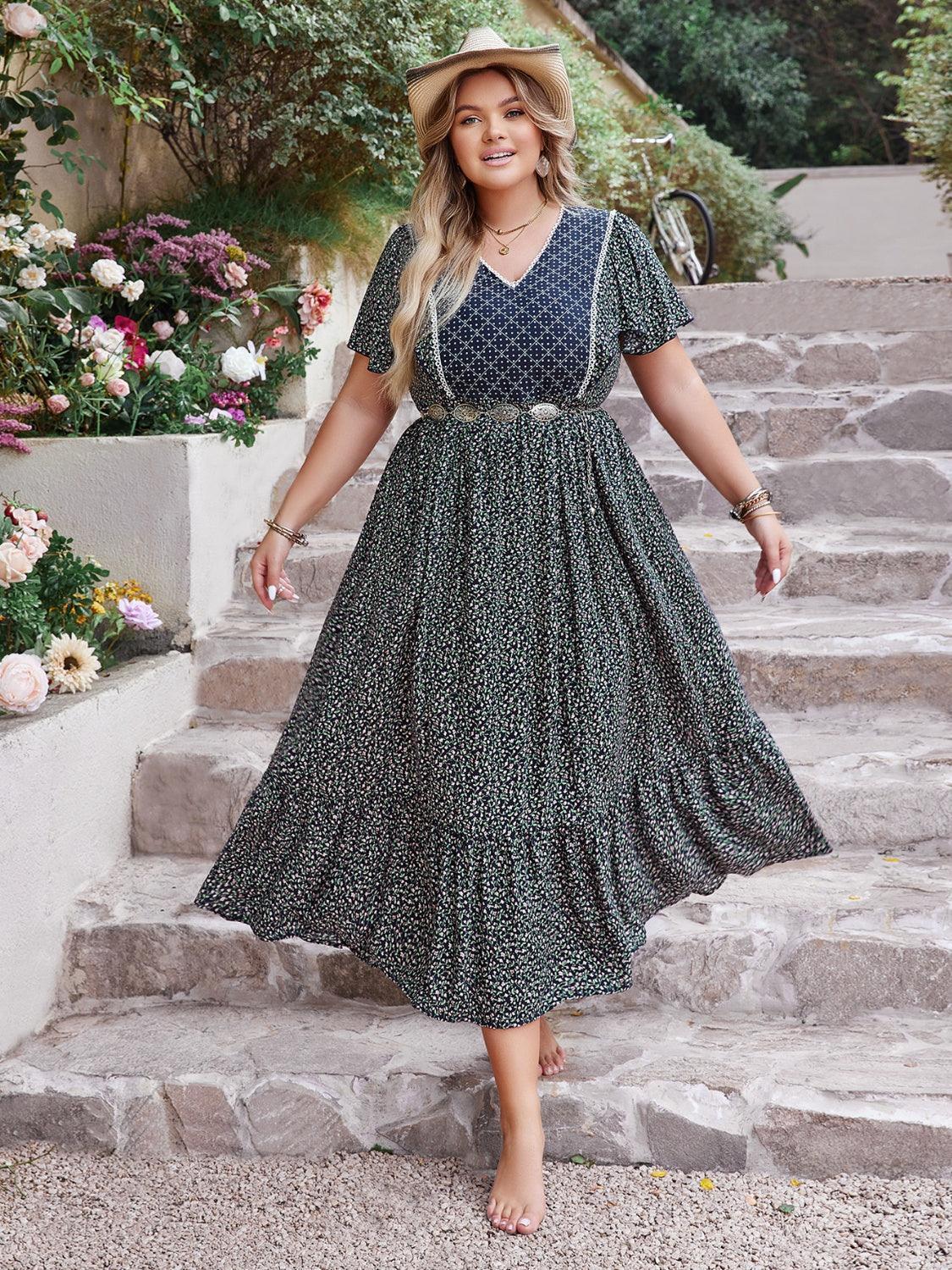 Plus Size Printed V-Neck Flutter Sleeve Midi Dress - ClubOn