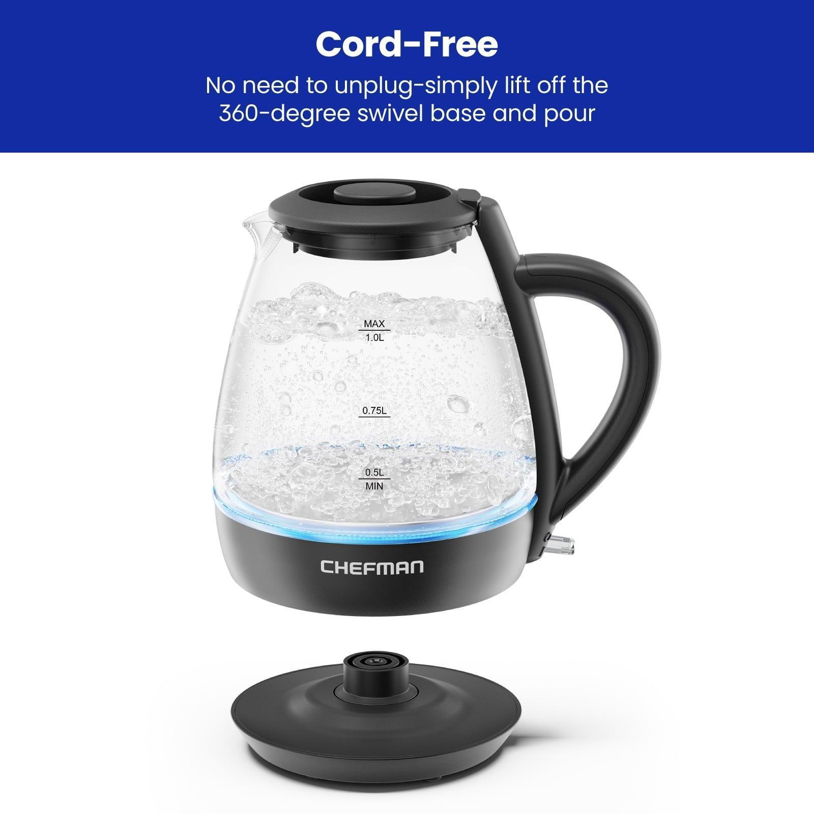 Chefman 1L Electric Glass Kettle w/ LED Indicator Light – Black, Automatic Shutoff - ClubOn