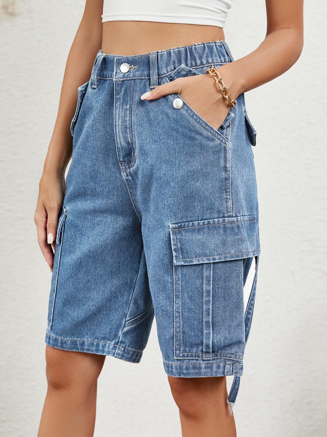 Buttoned Elastic Waist Denim Shorts with Pockets - ClubOn