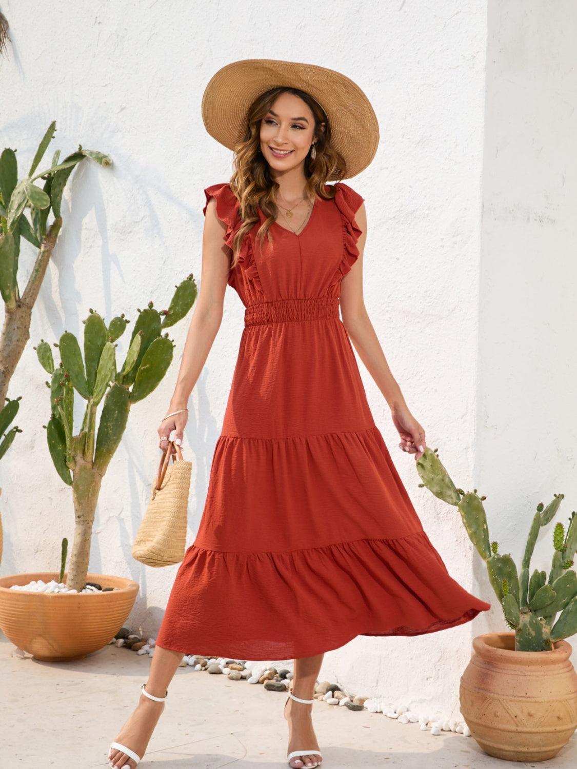 Tiered Ruffled V-Neck Cap Sleeve Dress - ClubOn
