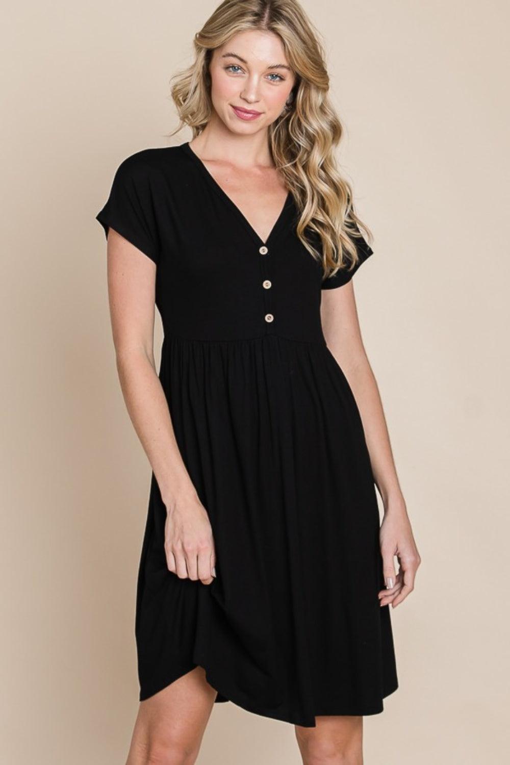 BOMBOM V-Neck Short Sleeve Dress - ClubOn