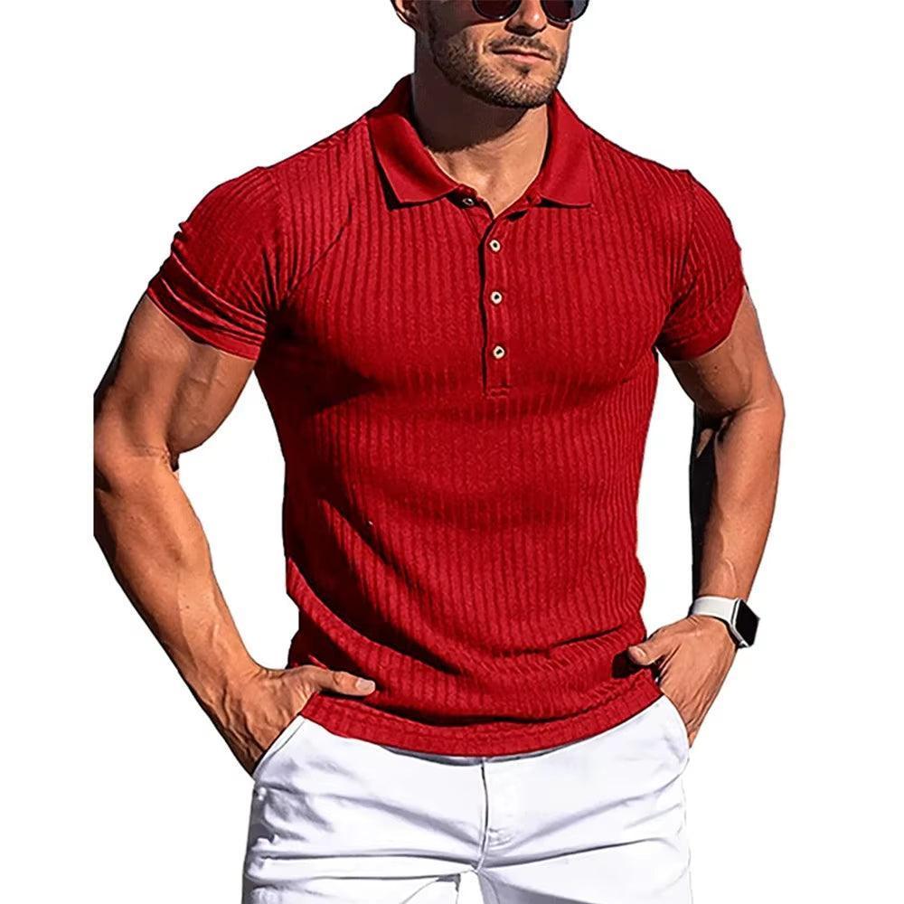 Men's Elastic Short-Sleeved Polo Shirt - Solid Color Striped Fitness Top - ClubOn