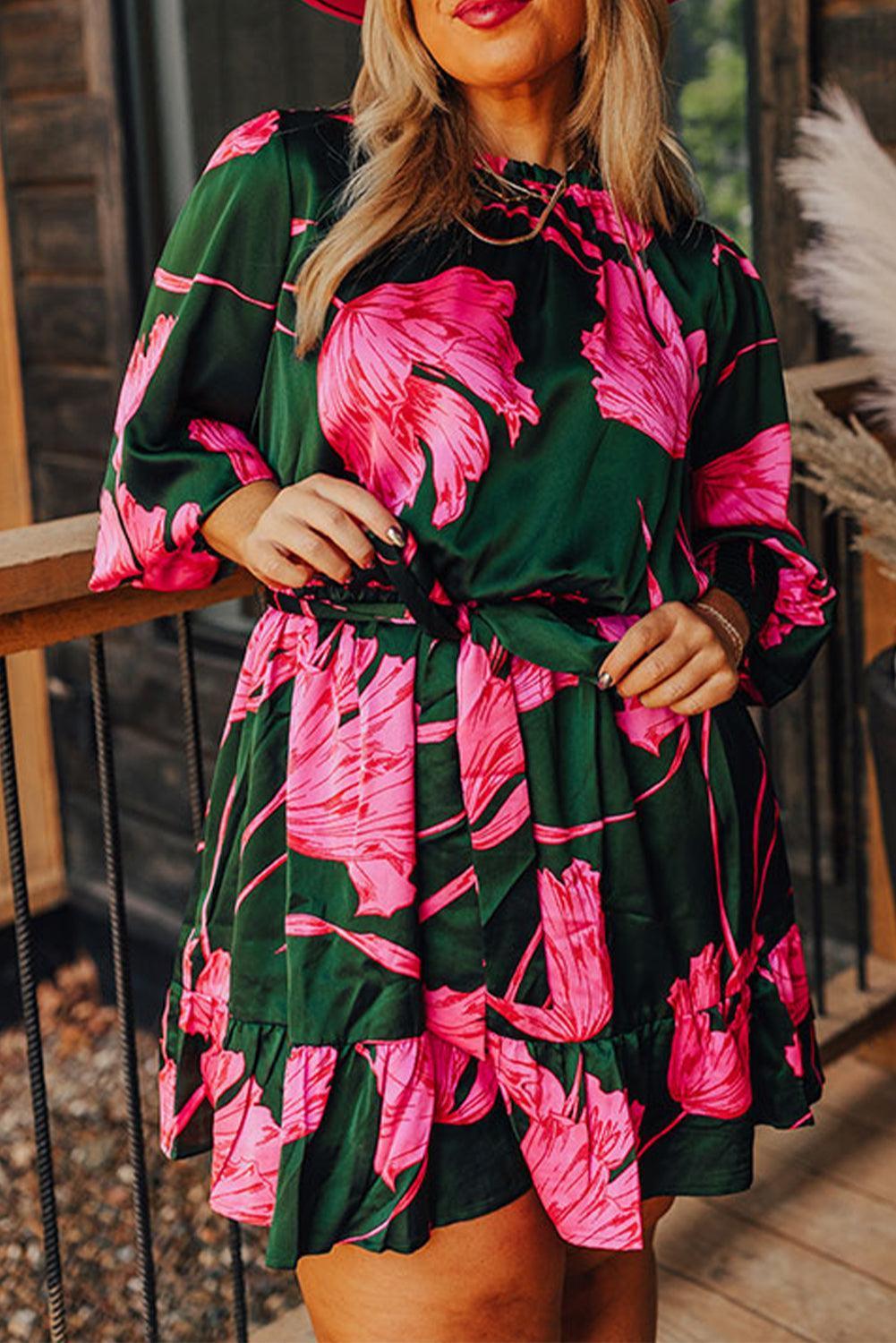 Plus Size Printed Lantern Sleeve Ruffle Hem Dress - ClubOn