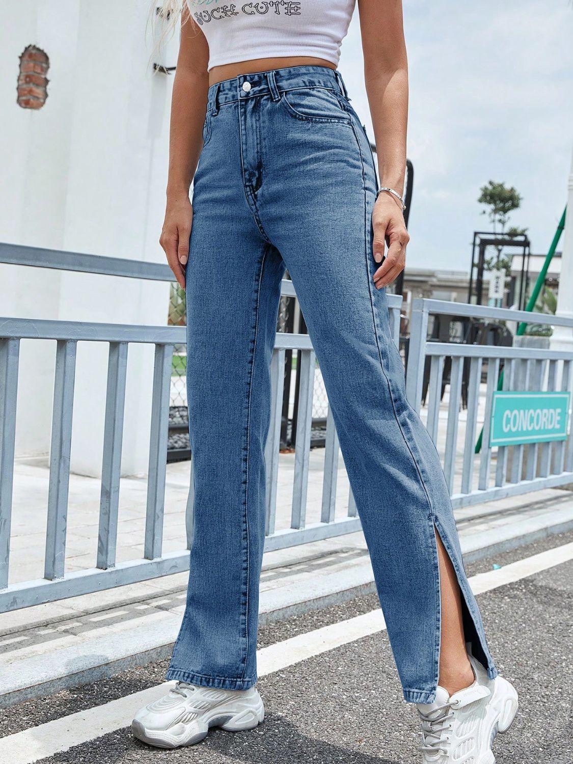 Slit High Waist Jeans with Pockets - ClubOn