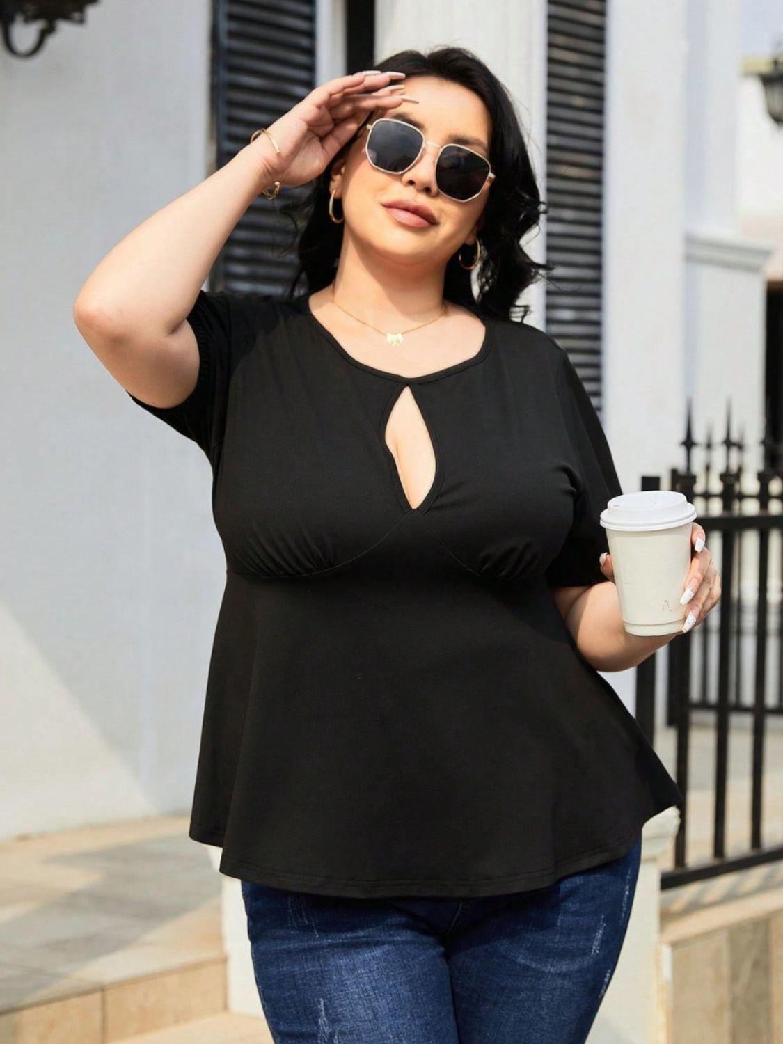 Plus Size Cutout Short Sleeve Blouse - ClubOn