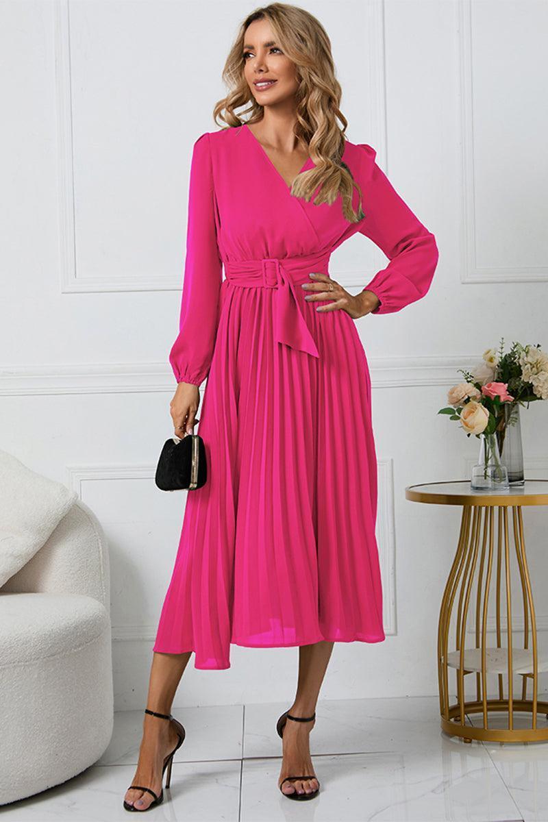 V-Neck Long Sleeve Tie Waist Midi Dress - ClubOn