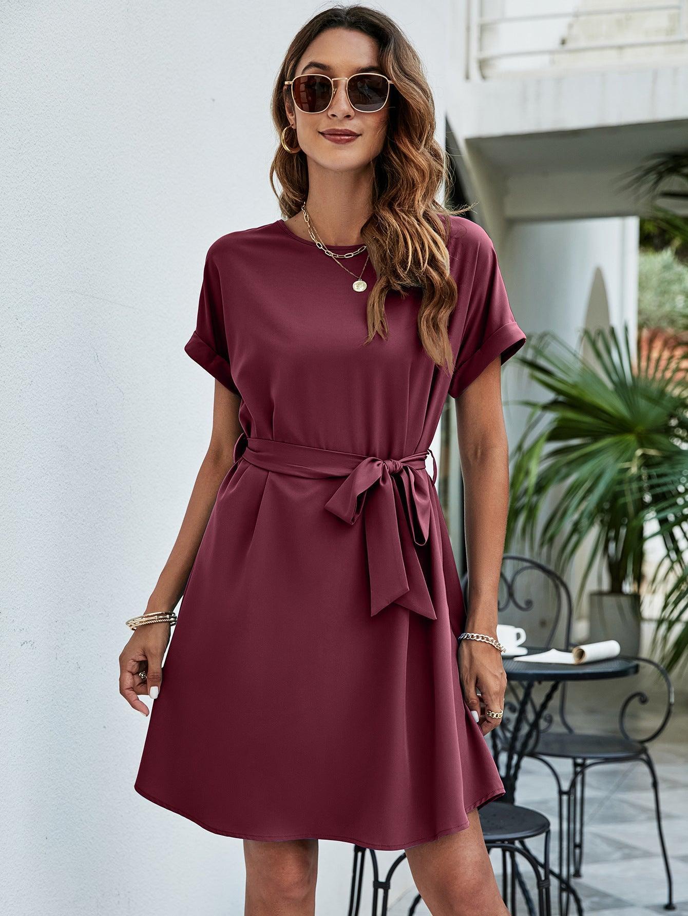 Belted Round Neck Curved Hem Dress - ClubOn