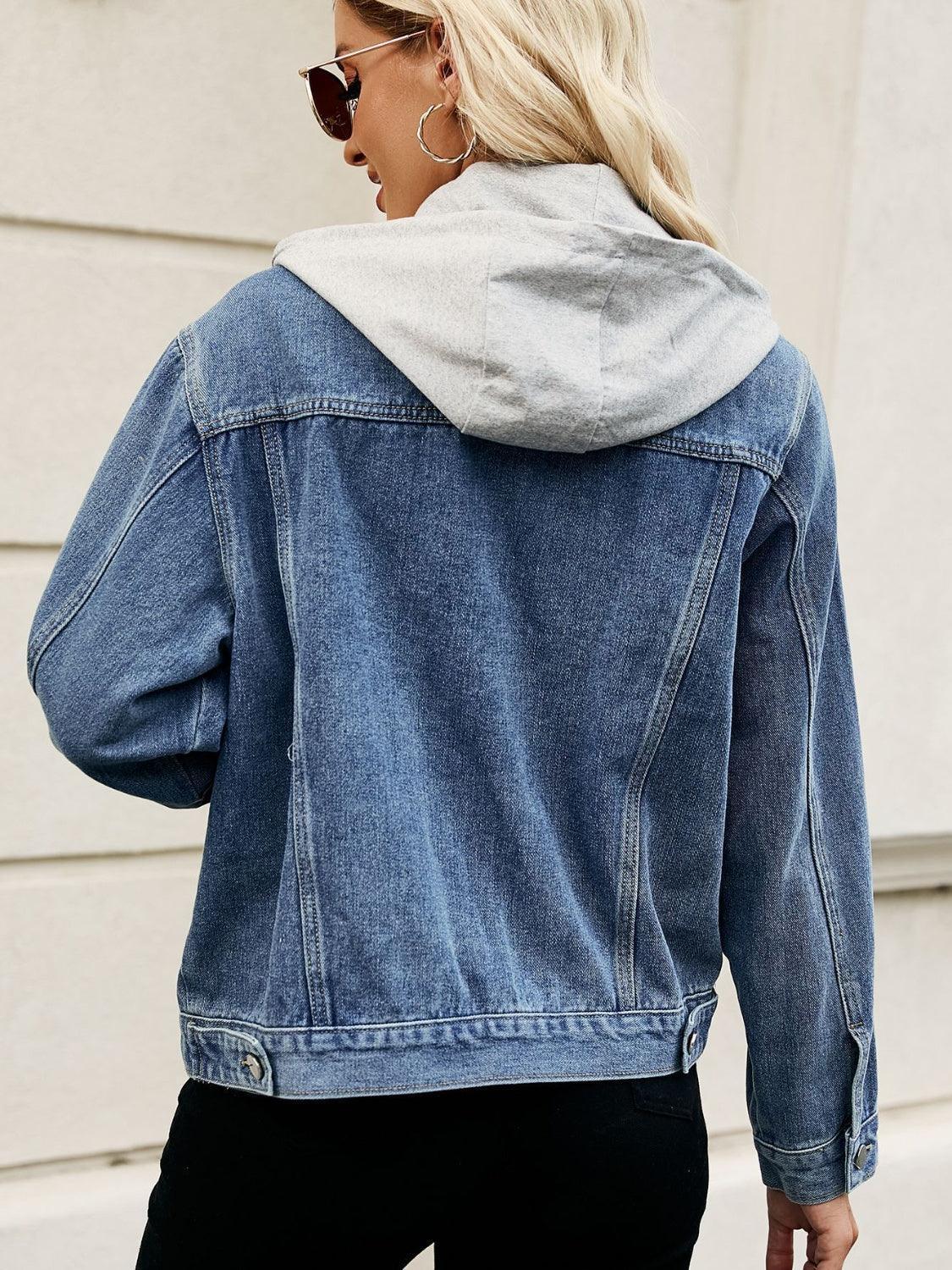 Drawstring Hooded Button Up Denim Jacket - ClubOn