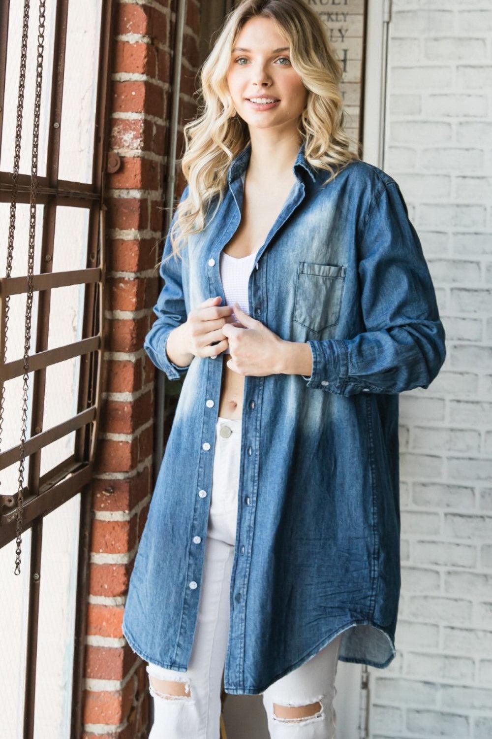 Veveret Pocketed Button Up Washed Denim Shirt - ClubOn
