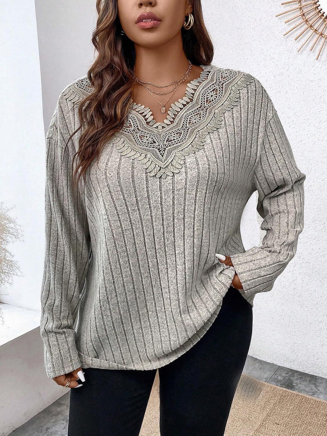 Plus Size Lace Detail Long Sleeve T-Shirt - ClubOn