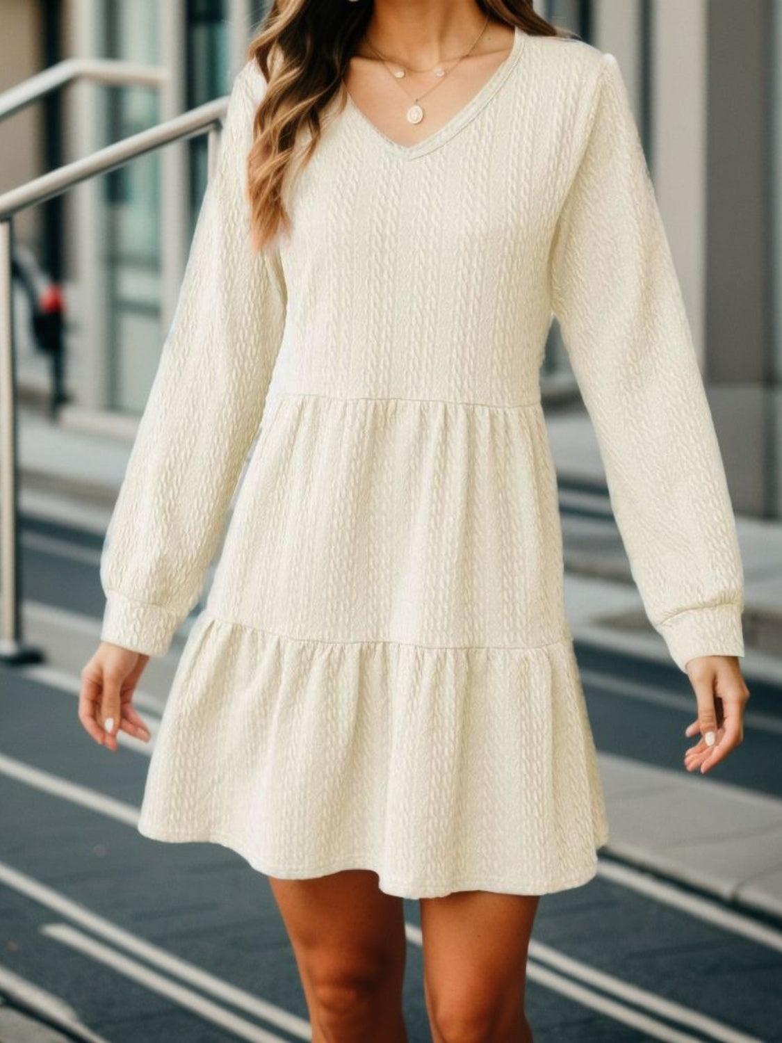 V-Neck Long Sleeve Mini Dress - ClubOn