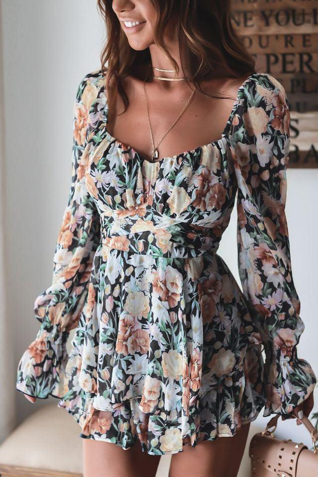 Floral Sweetheart Neck Flounce Sleeve Romper - ClubOn