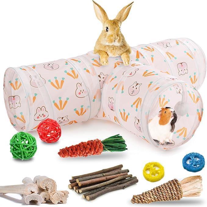 HERCOCCI Rabbit Toys, 3-Way Collapsible Tunnel & Chew Toys for Rabbit, Bunny, Guinea Pig, Ferret, Kitten - ClubOn