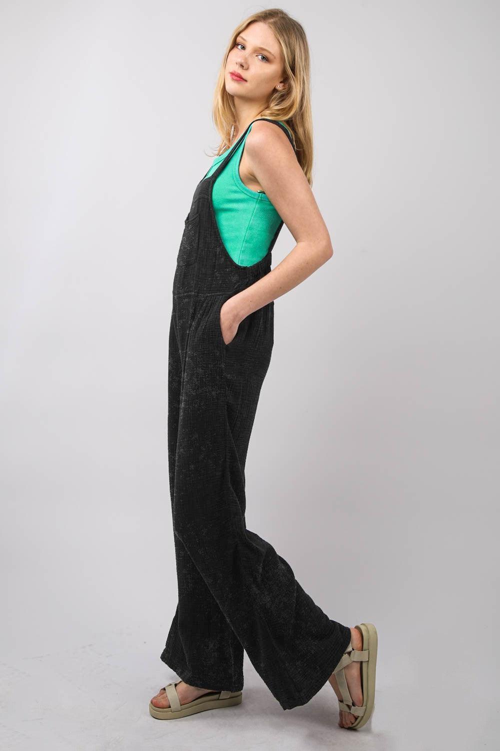 VERY J Texture Washed Wide Leg Overalls - ClubOn