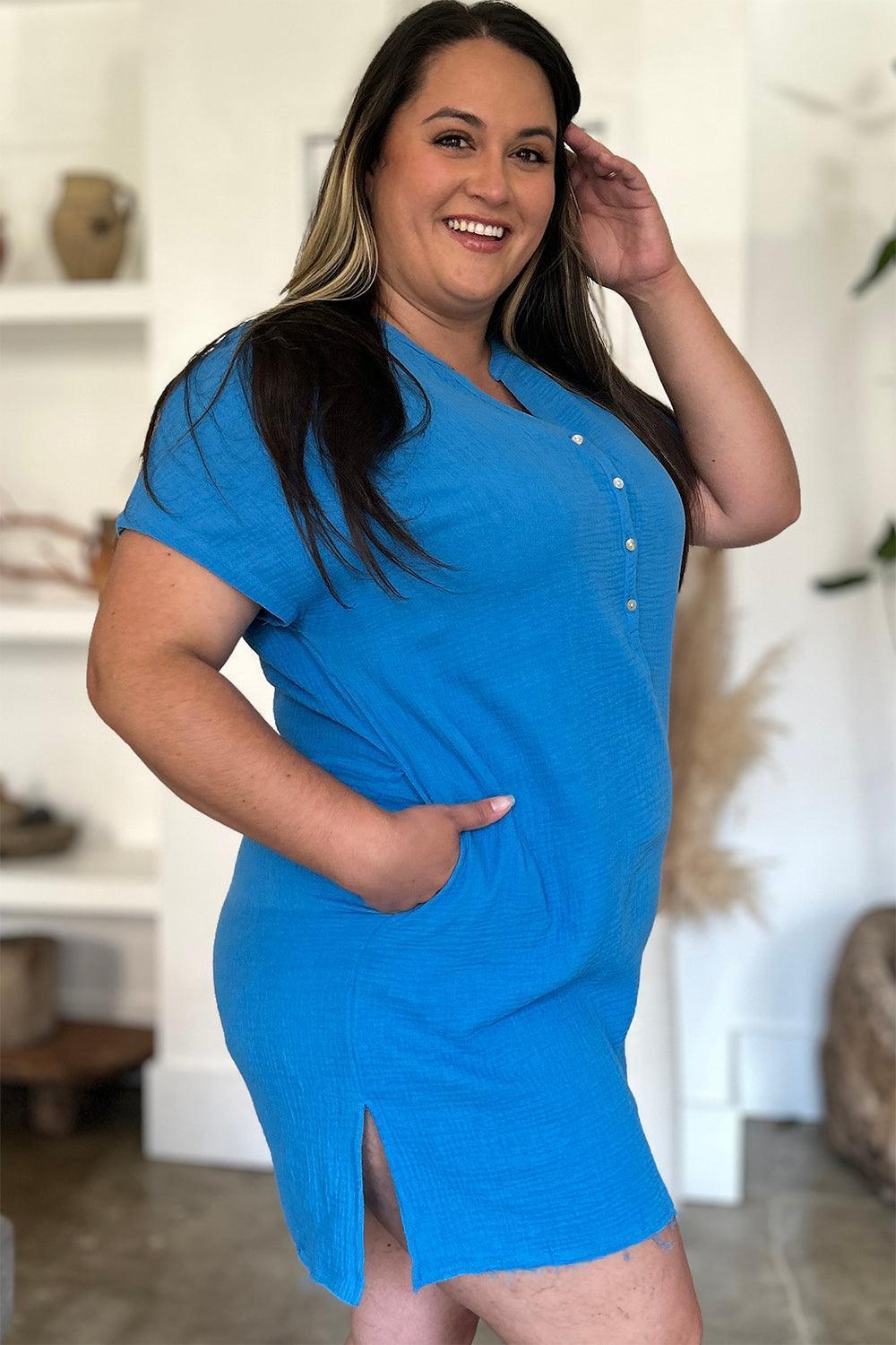 FAM-FAM Slit Notched Short Sleeve Mini Dress - ClubOn