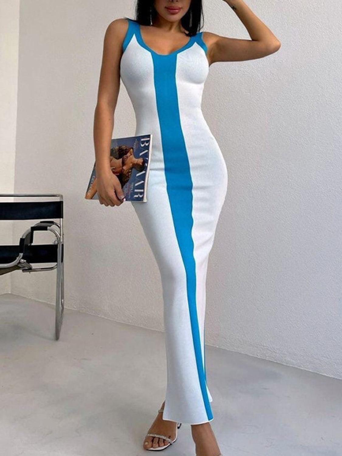 Contrast Wide Strap Slit Midi Dress - ClubOn