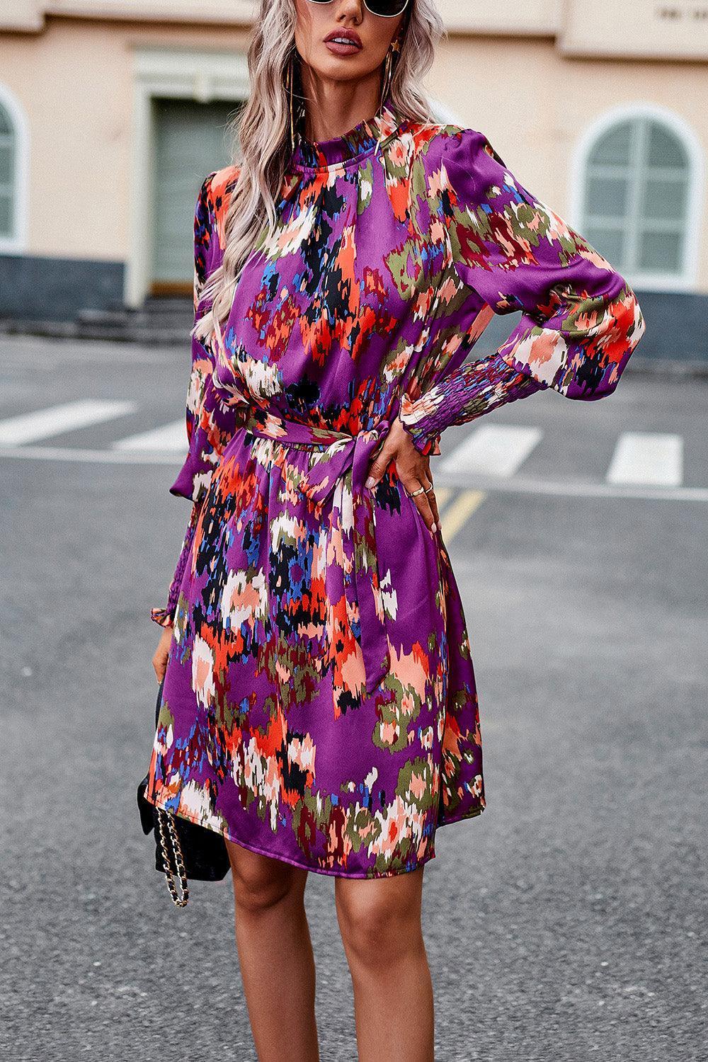 Devine Printed Tie Waist Mock Neck Lantern Sleeve Dress - ClubOn