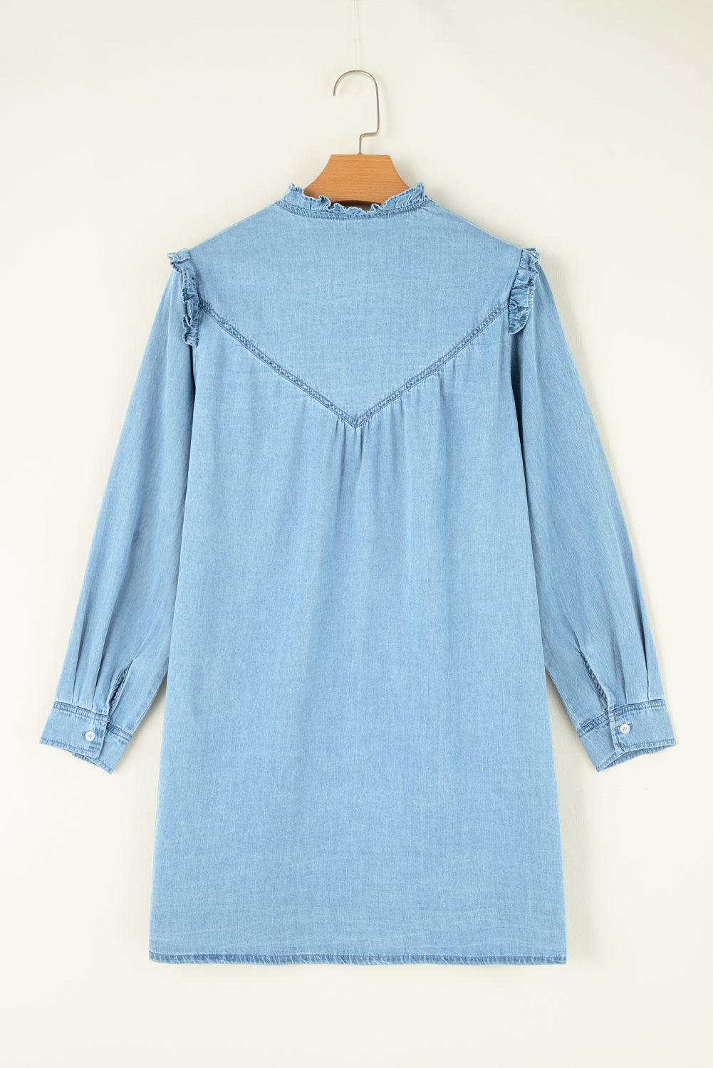 Button Up Notched Long Sleeve Denim Dress - ClubOn