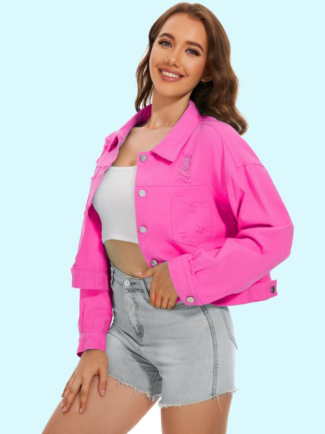 Distressed Distressed Button Up Denim Jacket - ClubOn