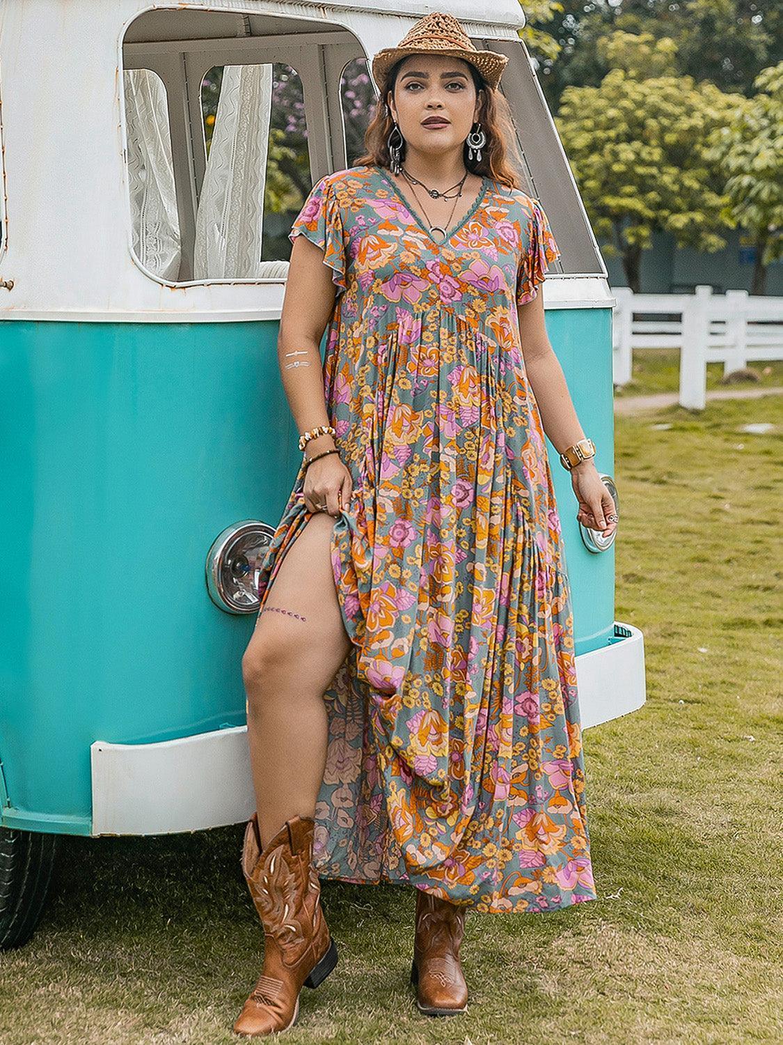 Plus Size Ruffled Printed Cap Sleeve Dress - ClubOn