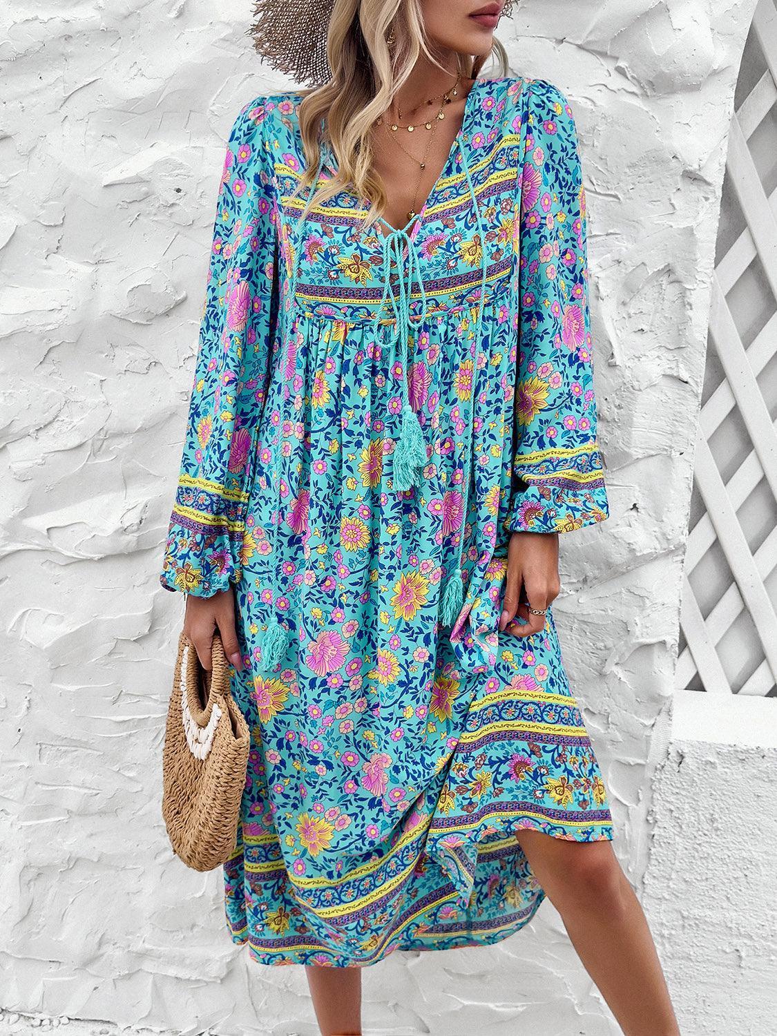 Devine Tassel Tied Printed Long Sleeve Dress - ClubOn