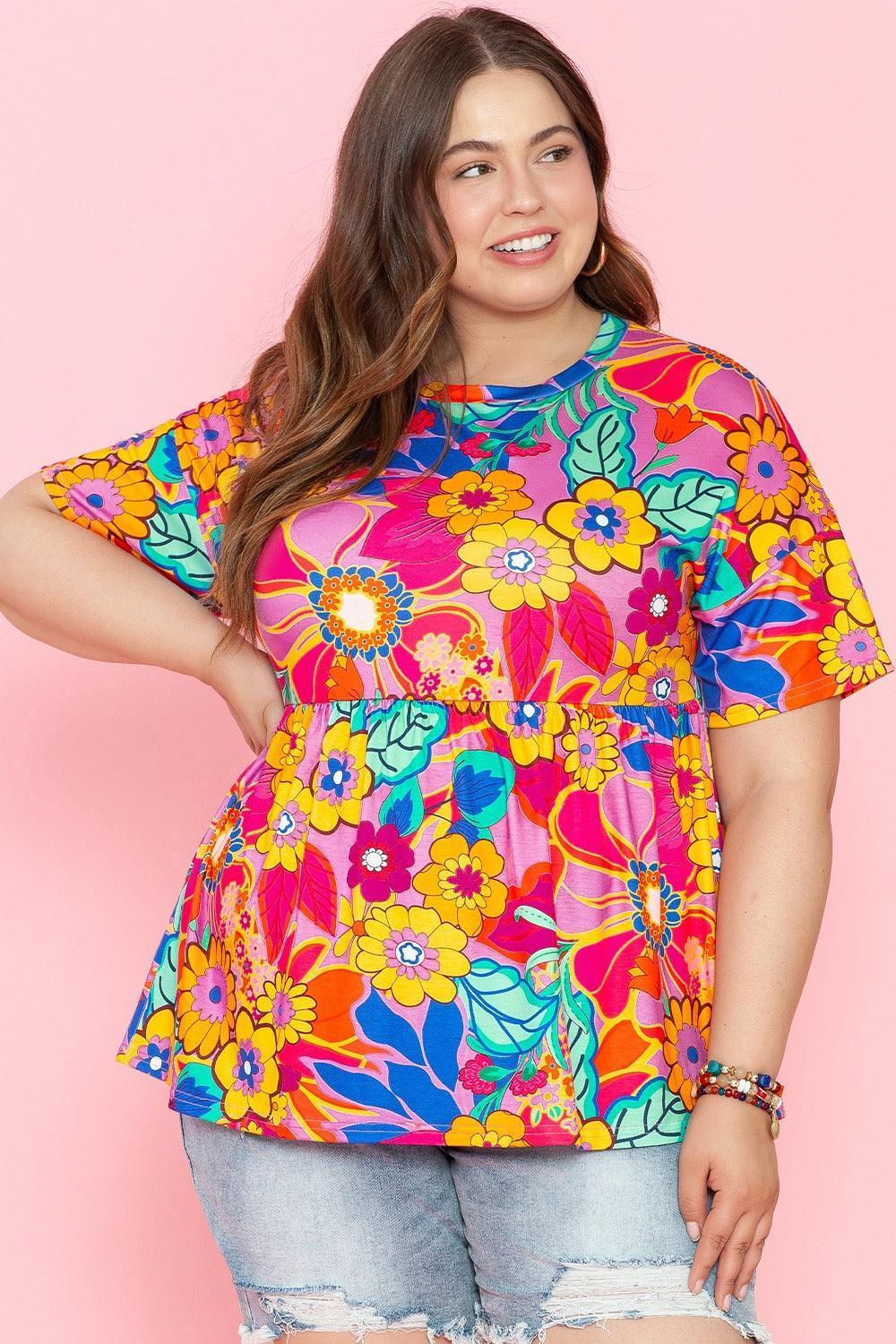 Plus Size Printed Round Neck Short Sleeve Top - ClubOn