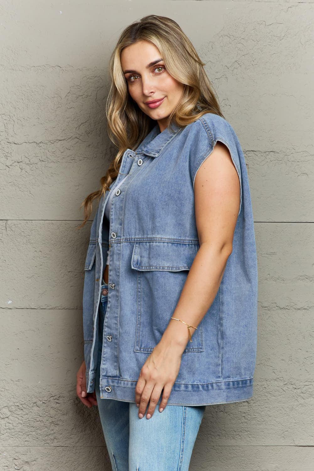 Collared Neck Sleeveless Denim Top with Pockets - ClubOn