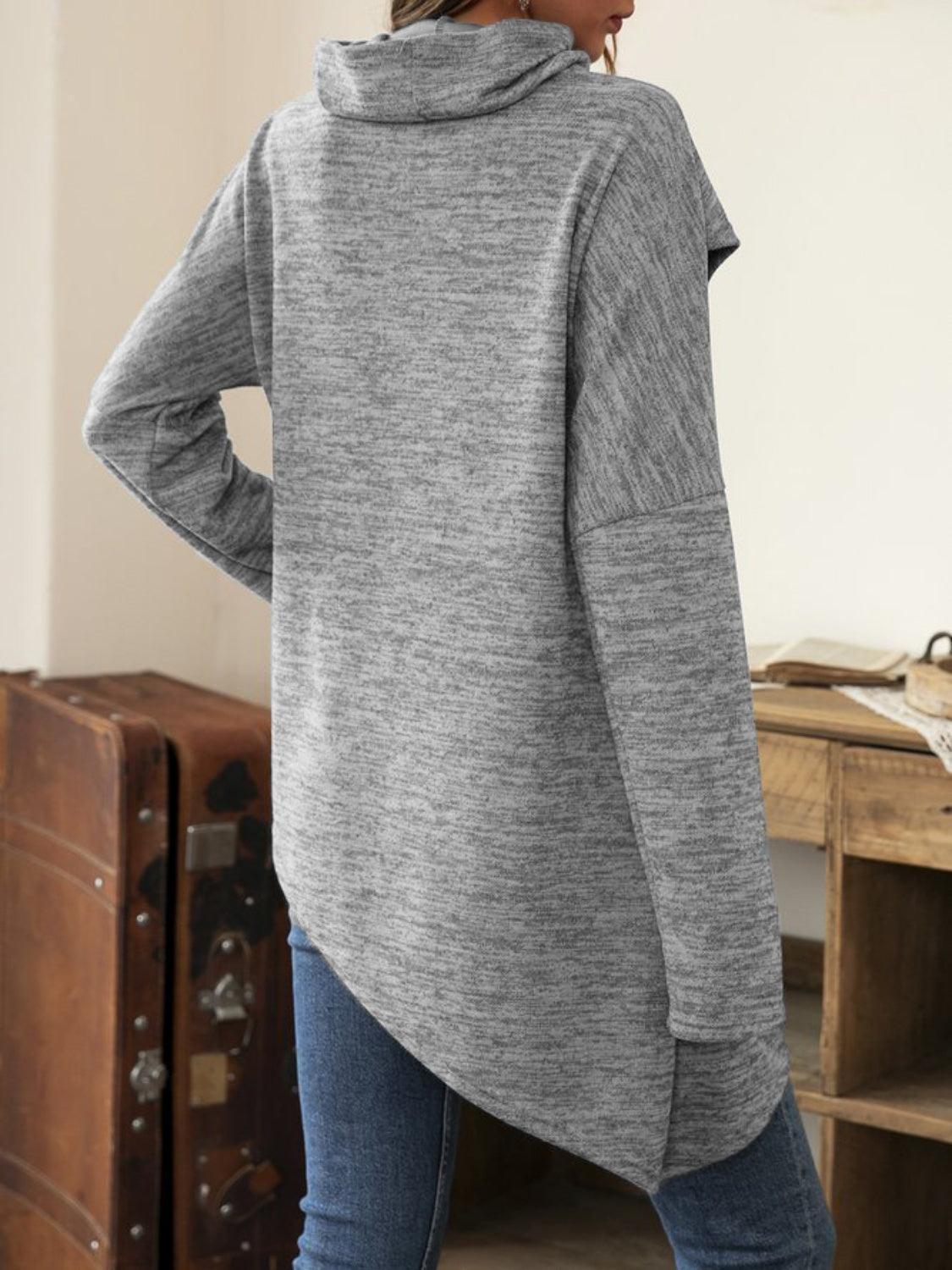 Asymmetrical Hem Cowl Neck Long Sleeve T-Shirt - ClubOn