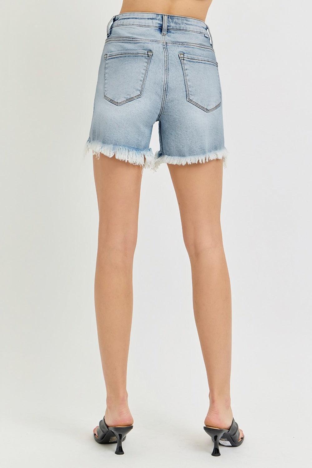 RISEN High Rise Side Step Hem Denim Shorts - ClubOn