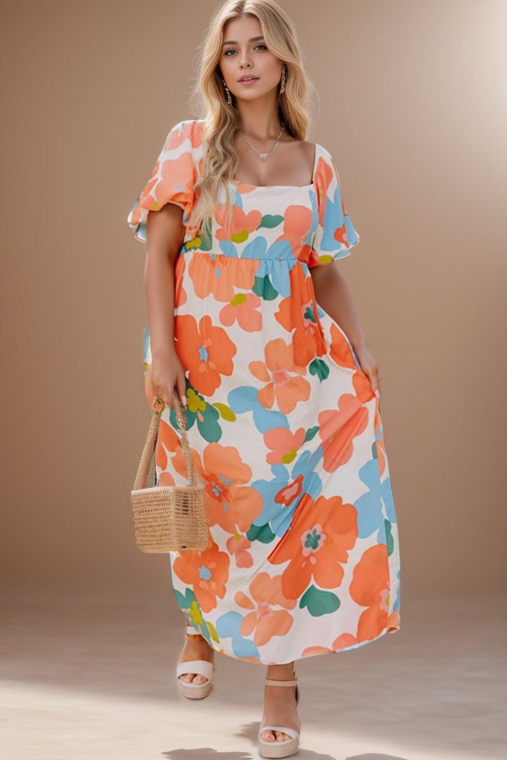 Plus Size Printed Short Sleeve Dress - ClubOn