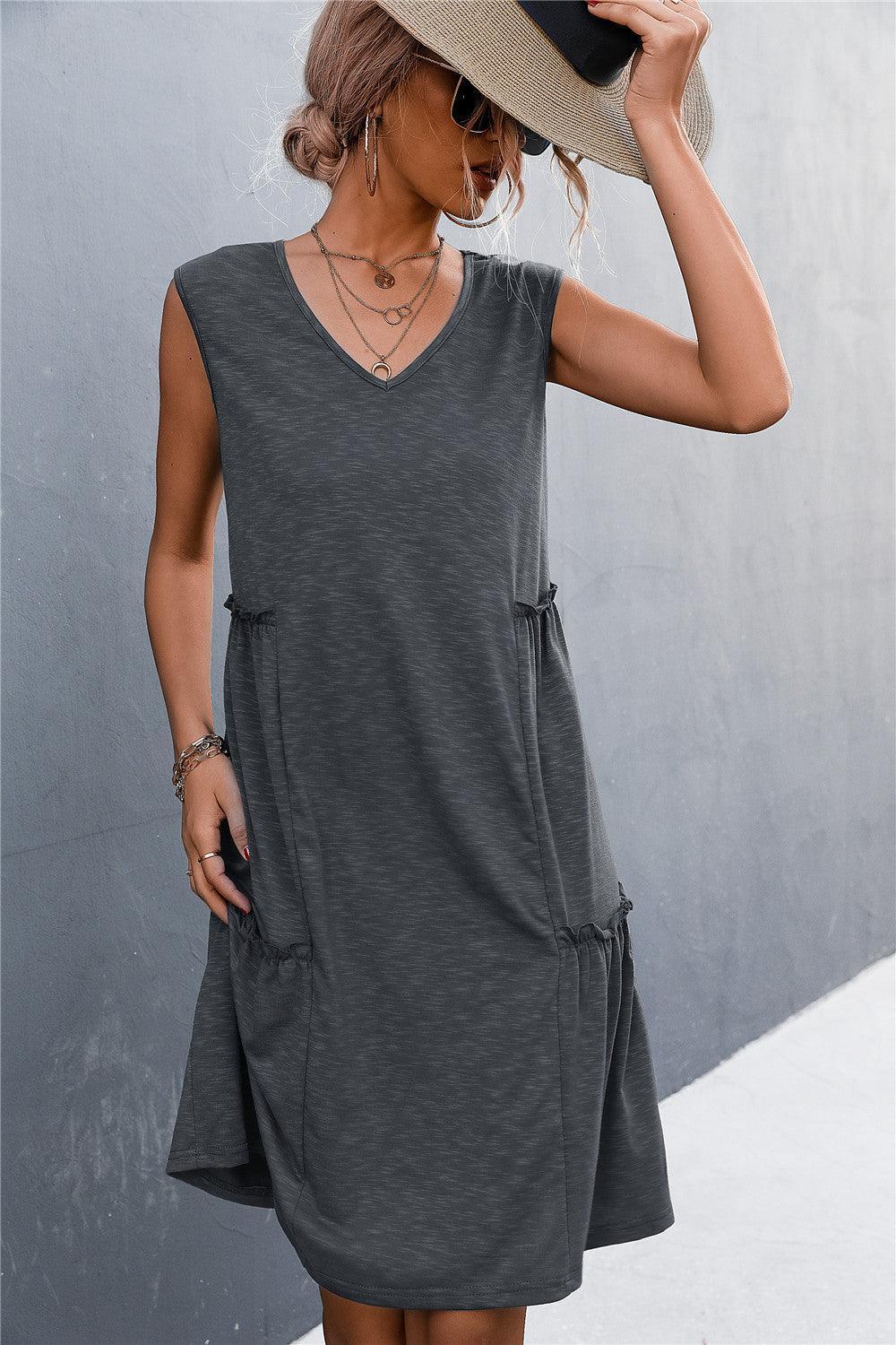 V-Neck Frill Trim Sleeveless Dress - ClubOn