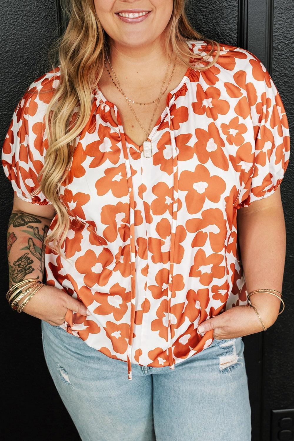 Plus Size Printed Tie Neck Short Sleeve Blouse - ClubOn