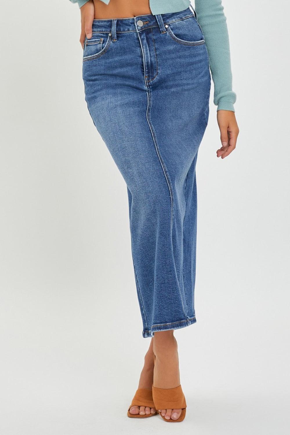 RISEN High Rise Back Slit Denim Skirt - ClubOn