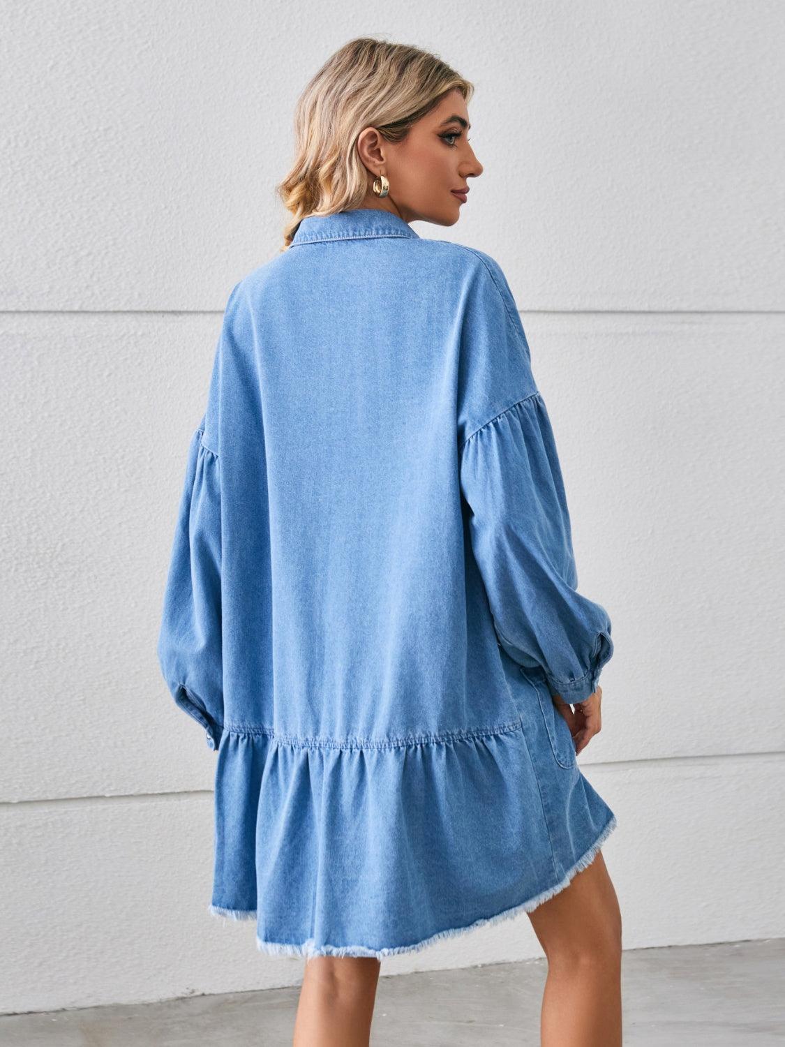 Button Up Pocketed Raw Hem Denim Dress - ClubOn