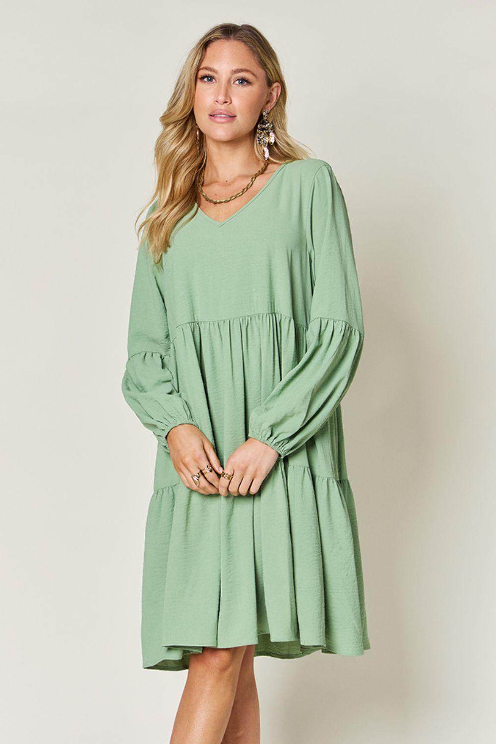 Double Take Full Size V-Neck Balloon Sleeve Tiered Dress with Pockets - ClubOn