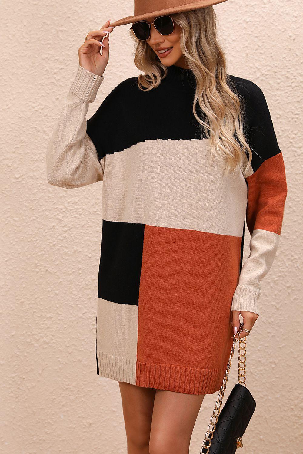 Color Block Mock Neck Dropped Shoulder Sweater Dress - ClubOn