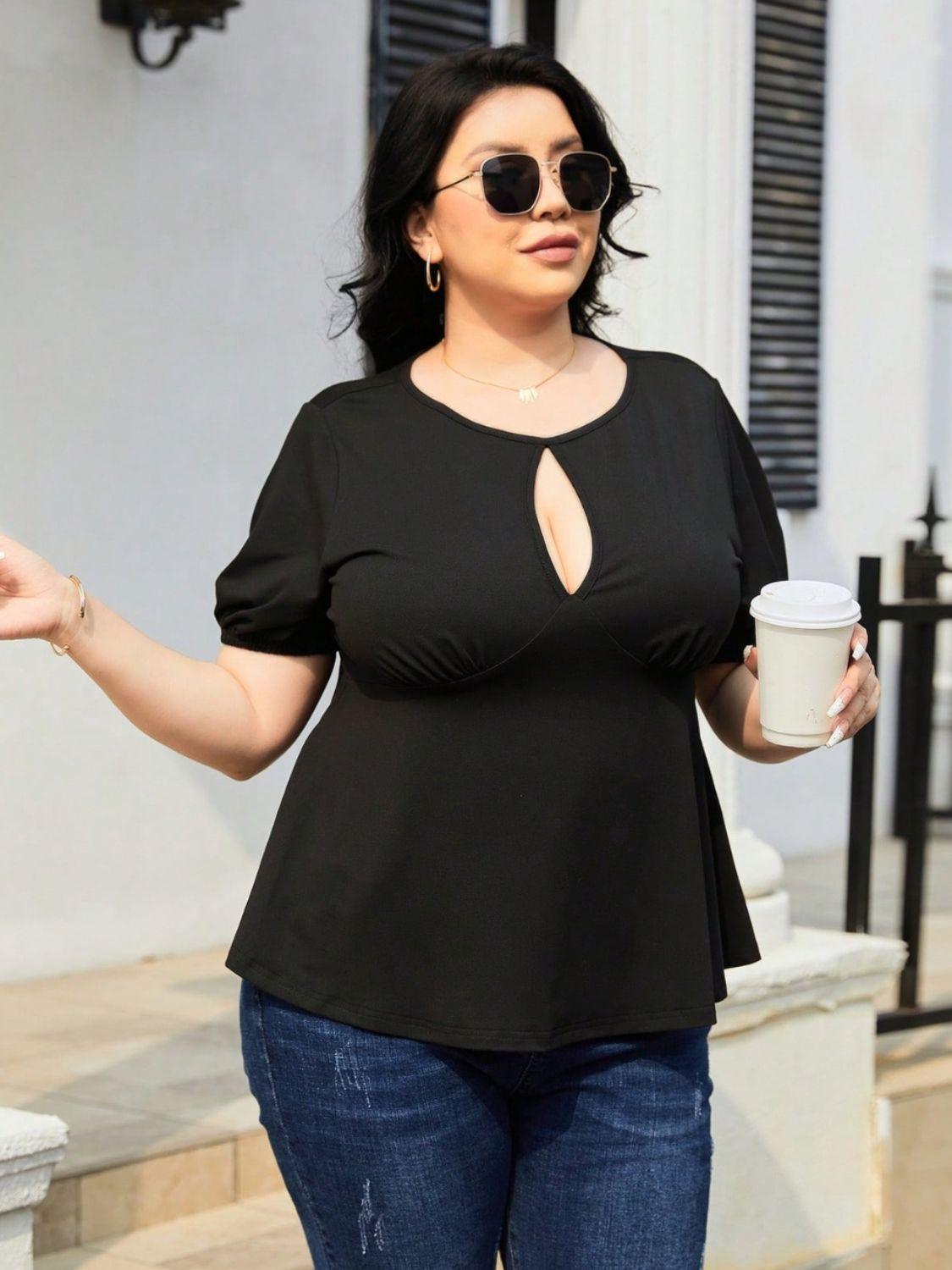 Plus Size Cutout Short Sleeve Blouse - ClubOn