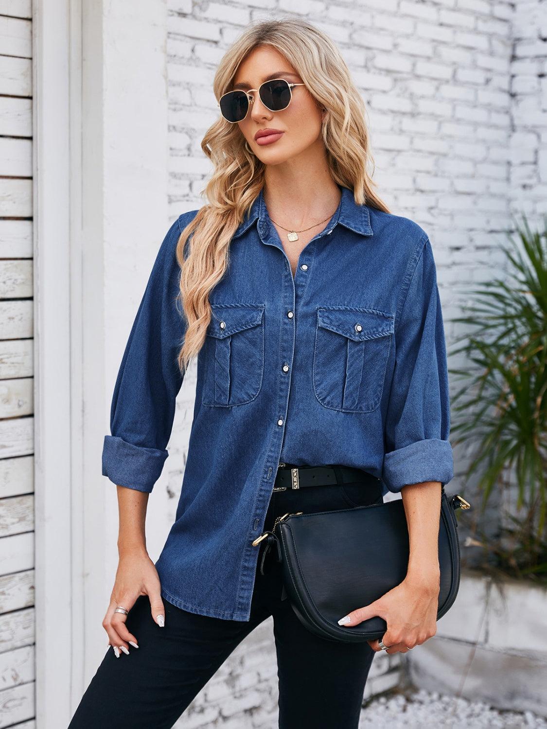 Button Up Collared Neck Denim Jacket - ClubOn