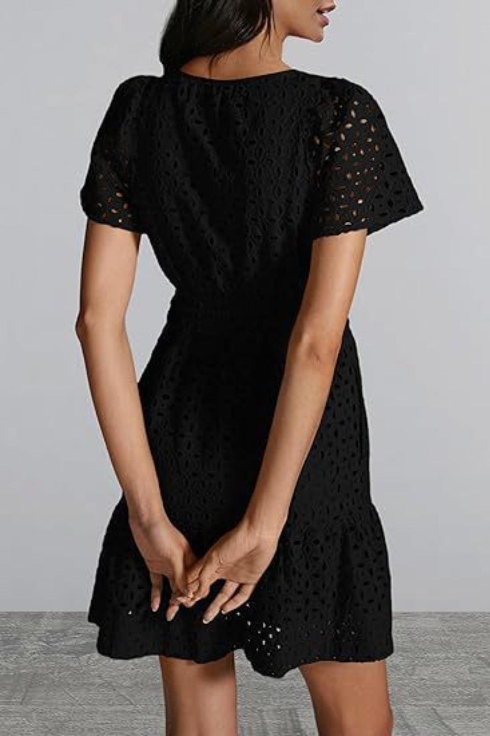 Eyelet Notched Short Sleeve Mini Dress - ClubOn
