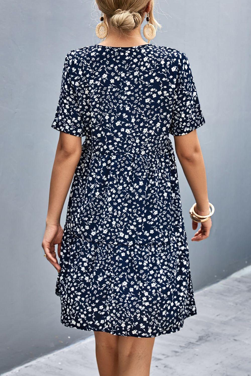 Ditsy Floral Empire Waist Plunge Short Sleeve Dress - ClubOn