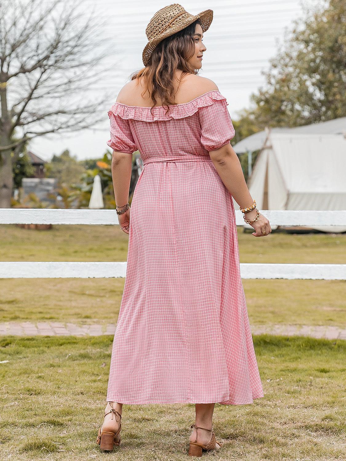 Plus Size Plaid Off-Shoulder Short Sleeve Midi Dress - ClubOn