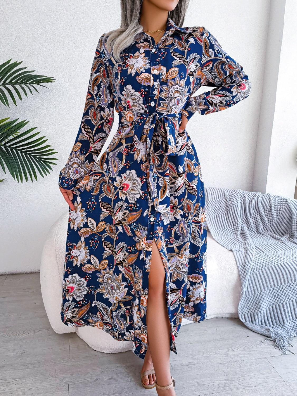 Tied Printed Long Sleeve Midi Dress - ClubOn