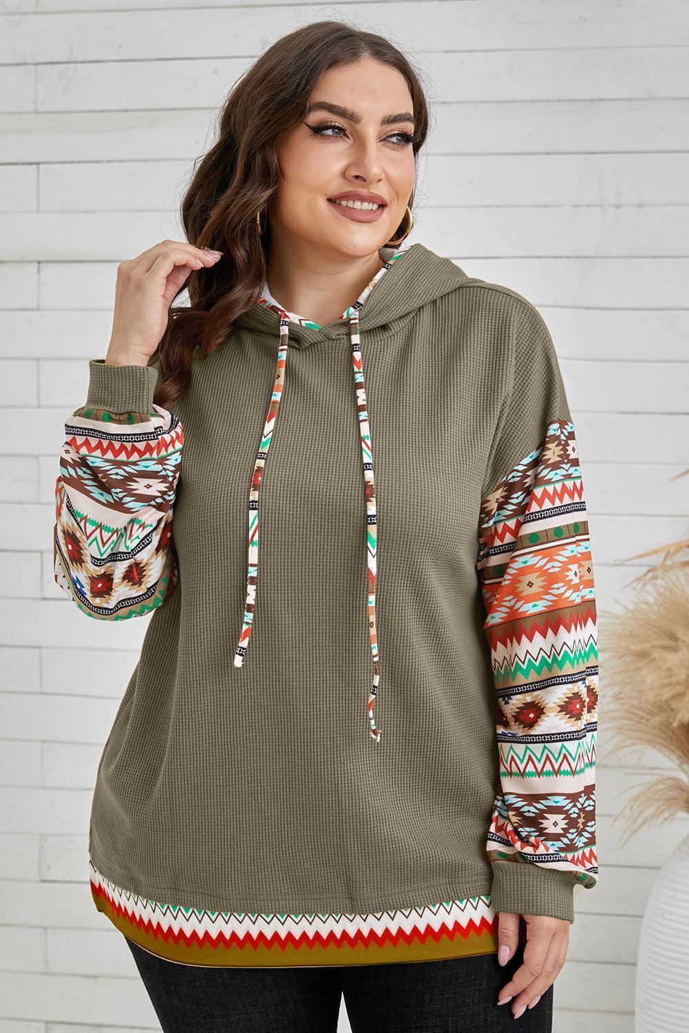 Plus Size Waffle-Knit Geometric Dropped Shoulder Hoodie - ClubOn