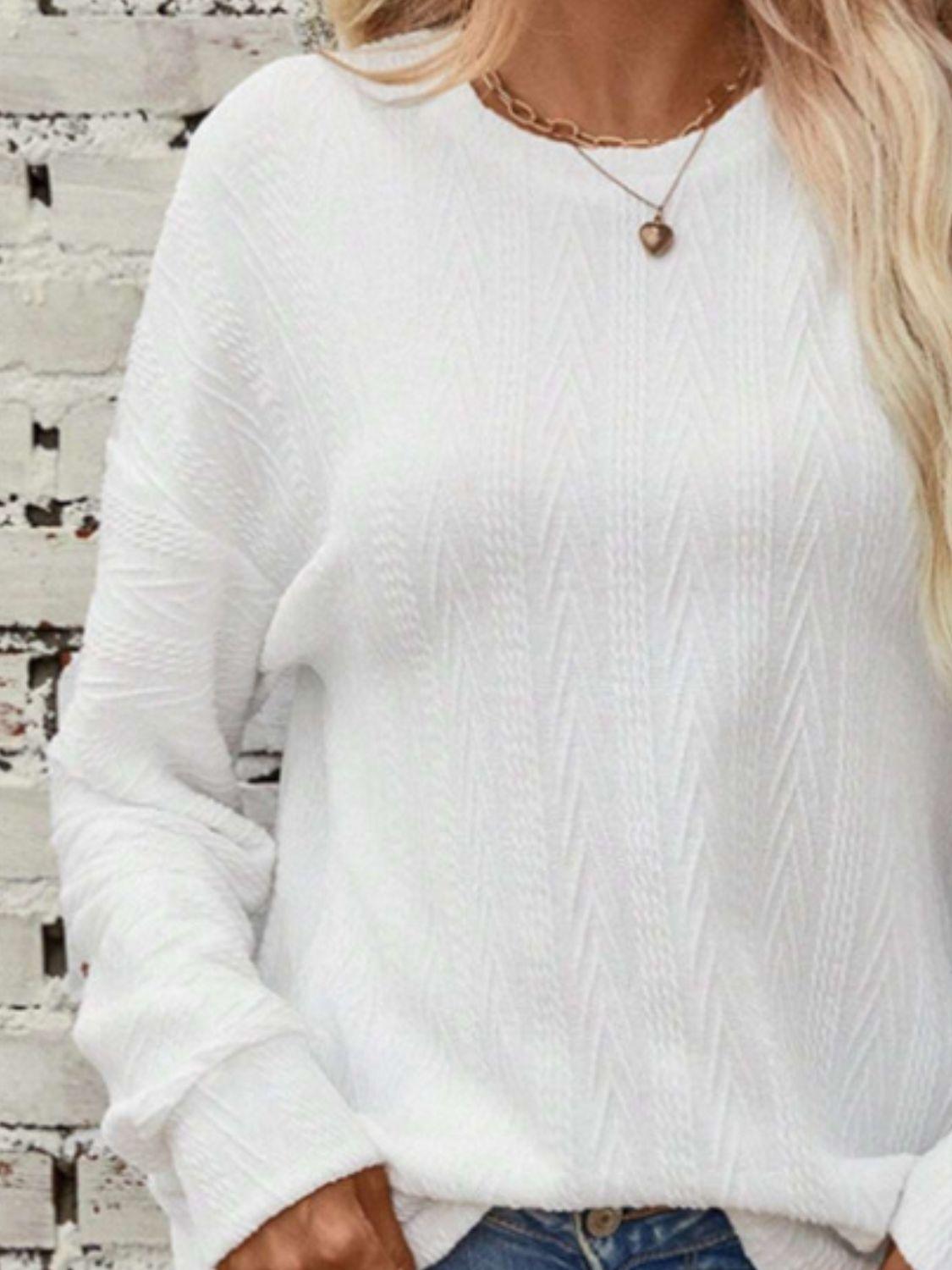 Textured Round Neck Long Sleeve T-Shirt - ClubOn