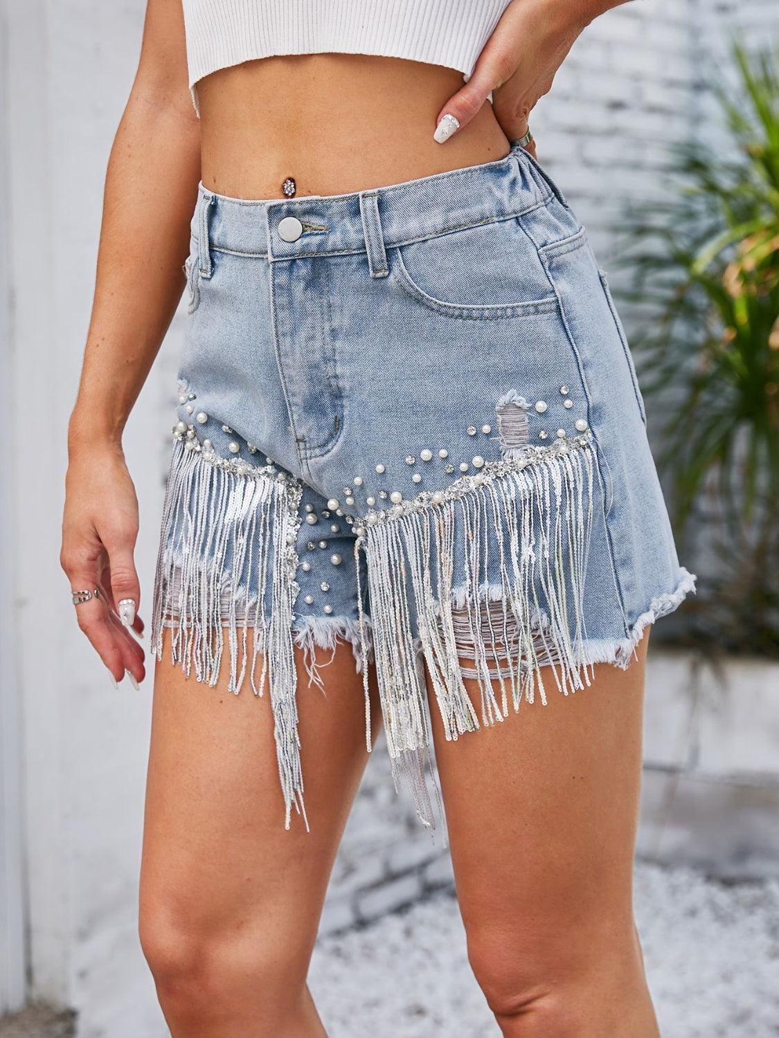 Distressed Pearl Trim Denim Shorts with Pockets - ClubOn