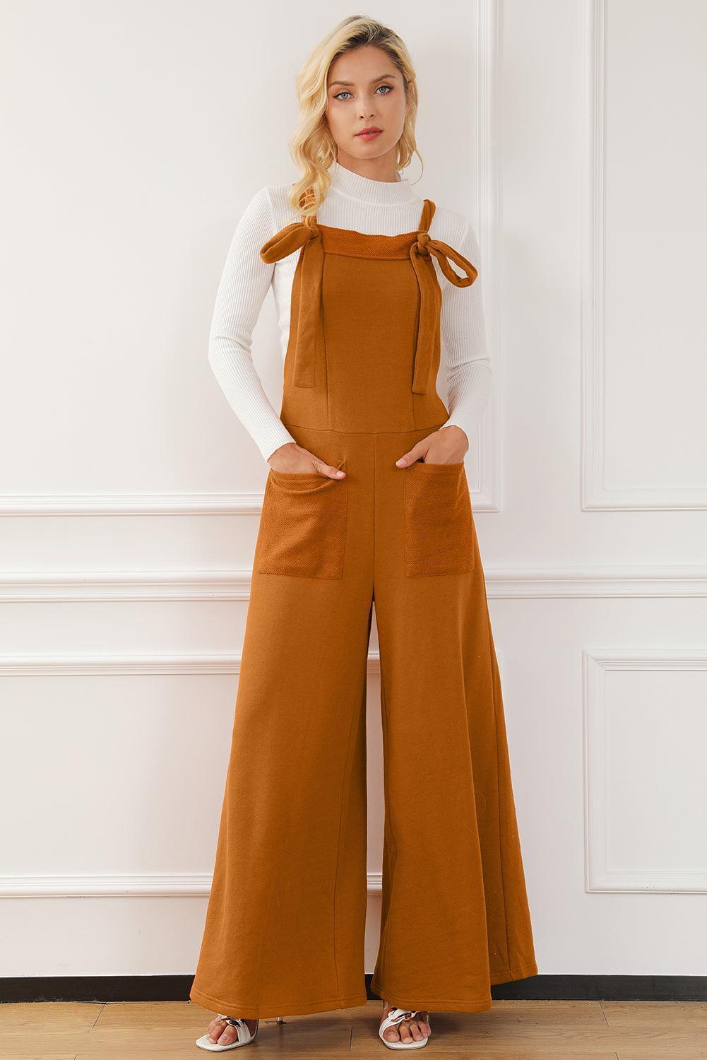 Pocketed Square Neck Wide Strap Jumpsuit - ClubOn