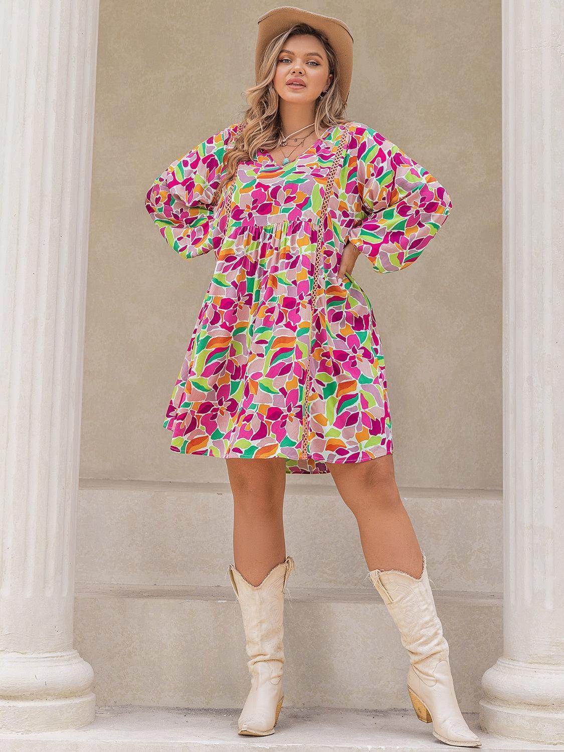 Plus Size Printed V-Neck Balloon Sleeve Mini Dress - ClubOn